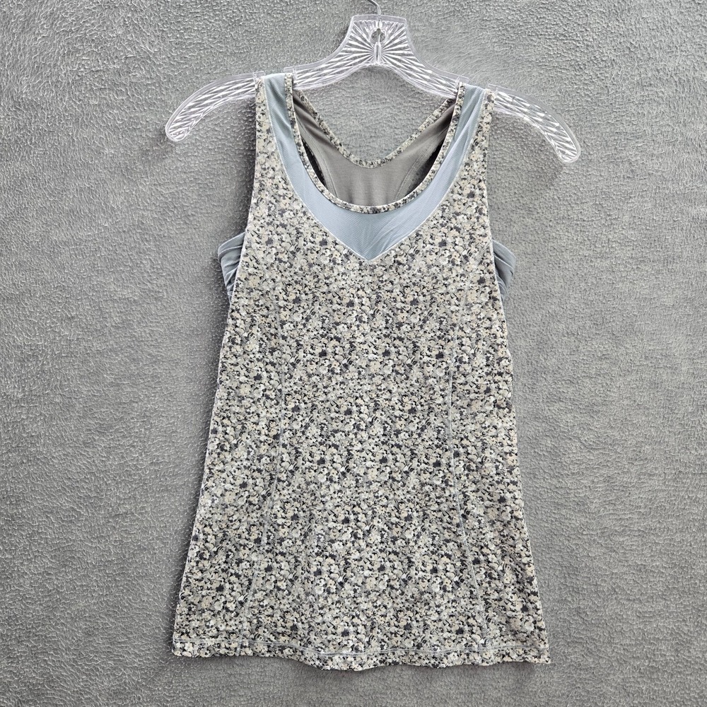 Lululemon Women Activewear Tank Top 4 Gray Floral Tone It Built in Bra Pullover